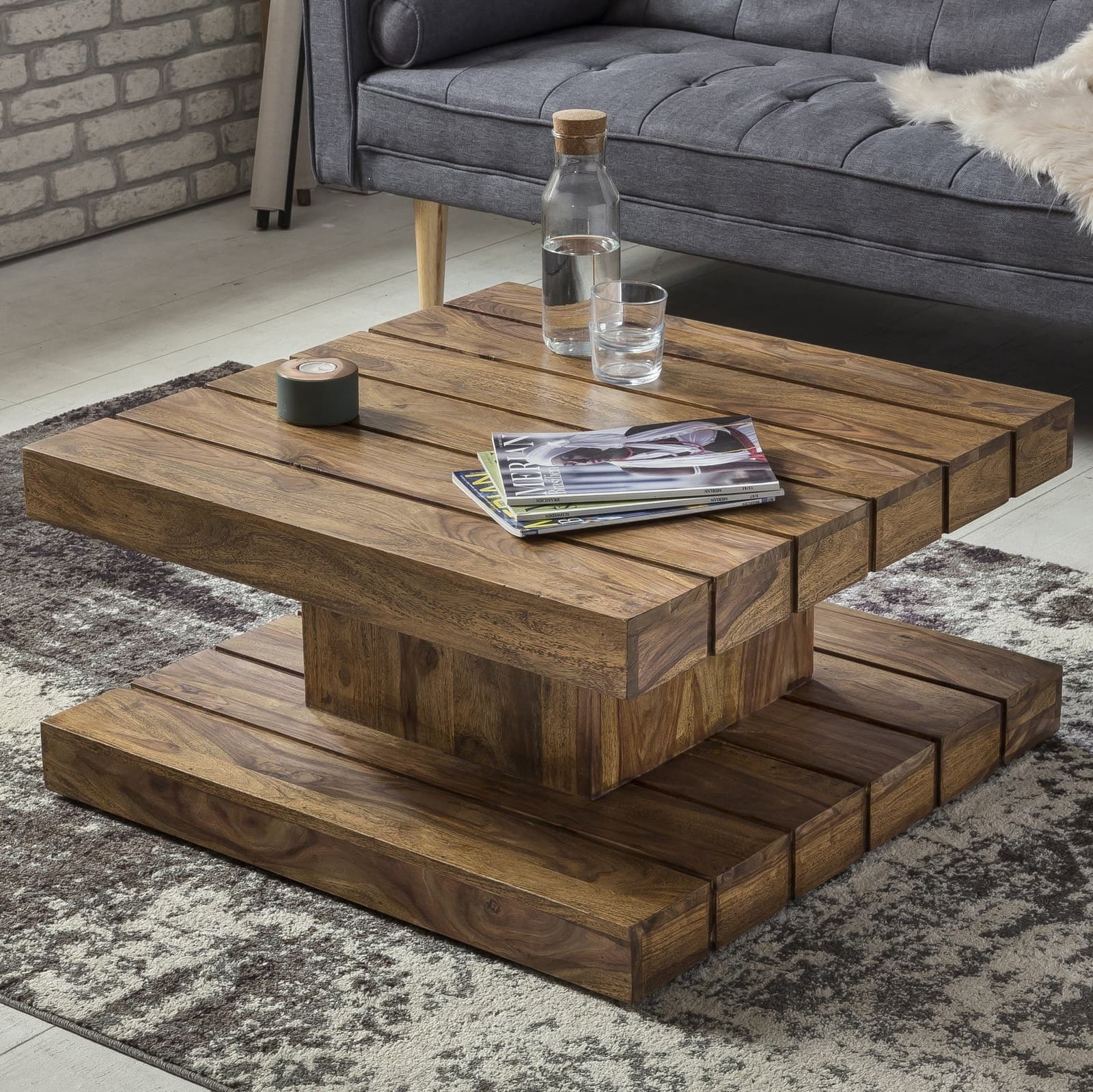 Solid Wood Groove Square Coffee Table by Saraf Furniture