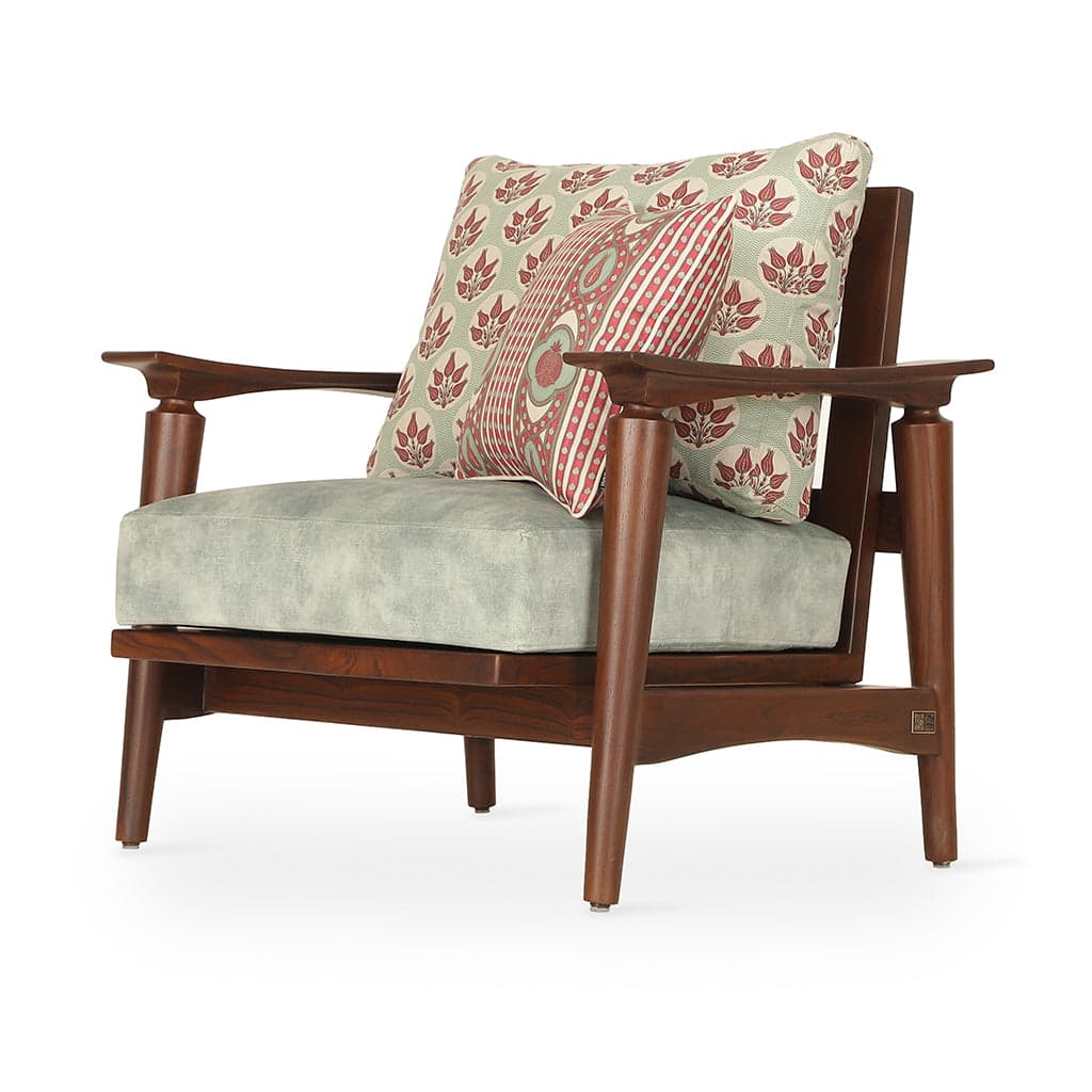Nisadya - Teak Lounge Chair, Stained, Green, Cream Fabric by Alankaram