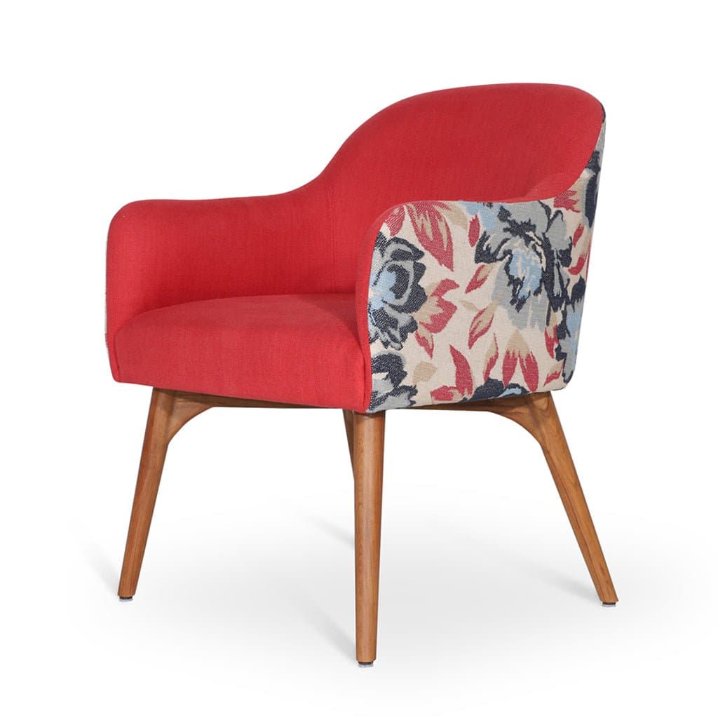 Aavaha - Teak Legs Dining Chair, Red & Printed Fabric by Alankaram