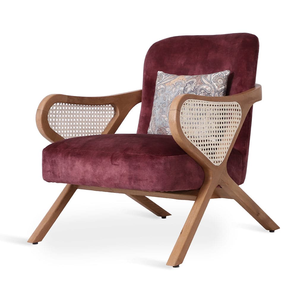Patahi - Teak Lounge Chair, rattan Armrest, Red Fabric by Alankaram