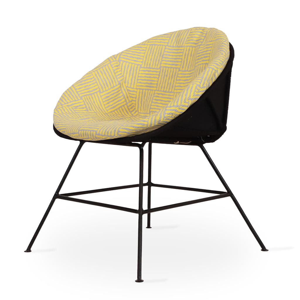 Orgu - Metal Dining Chair, Woven & Loose Upholstered, Yellow Printed Fabric by Alankaram