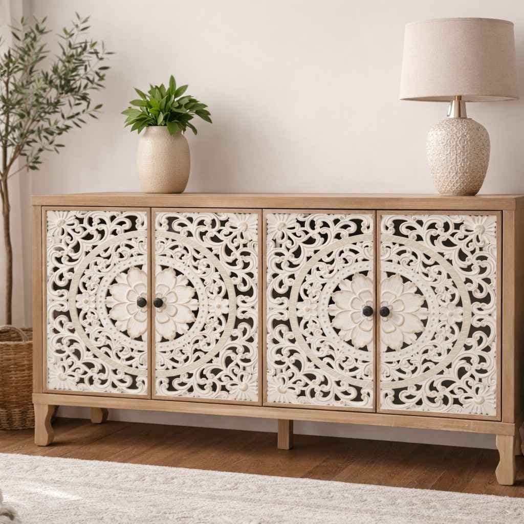 Novacraft Handcarved Sheesham Wood Console with Storage- Wooden Slice by Wooden Slice