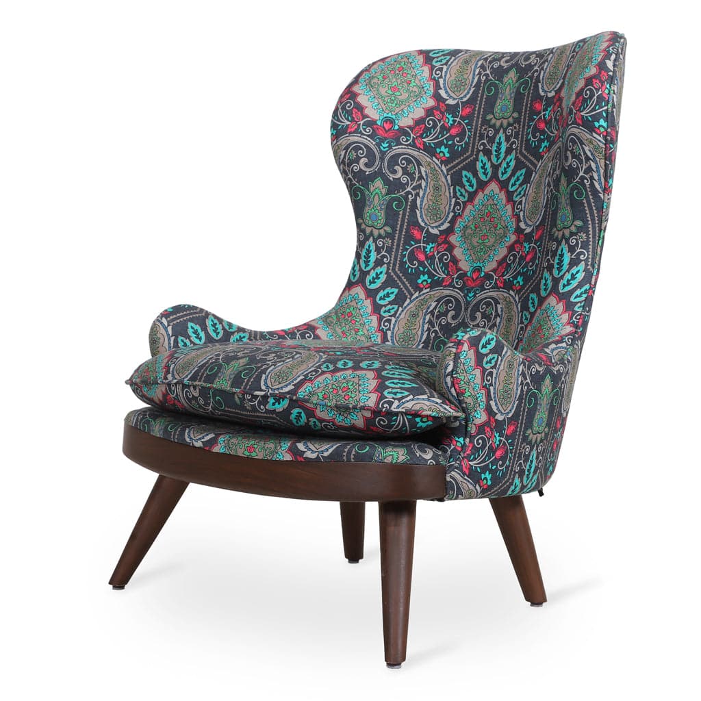 Dubu - Ash/Oak/Beech Lounge Chair, Stained, Blue Printed Fabric by Alankaram
