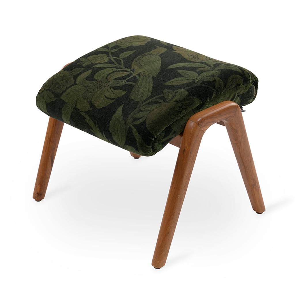 Piko - Teakwood Footstool With Black, Green Printed Fabric by Alankaram