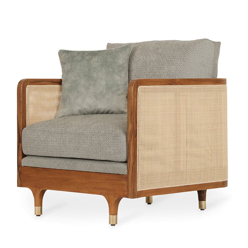 Luk - Teak Club/Sofa Chair, Grey Printed Fabric Sofa by Alankaram