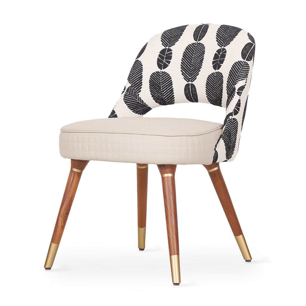 Kiero - Teak Dining Chair, Gold Accentuation Cream Leather, Printed Fabric by Alankaram