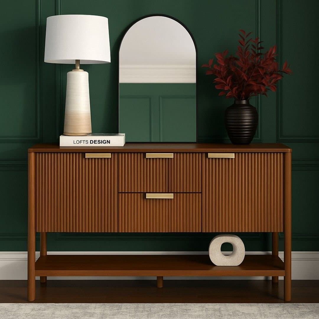 Lorven Handcrafted Wooden Console Table with Ribbed Doors & Brass Handles by Wooden Slice