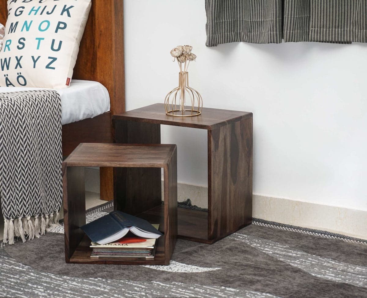 Prague Solid Wood End Table Set of Two - (Grey Finish) by Furniselan
