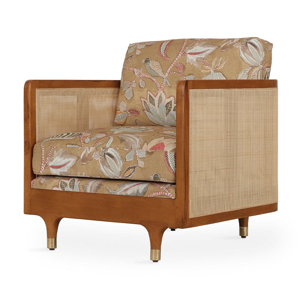 Luk - Teak Club/Sofa Chair, Multicolor Printed Fabric by Alankaram