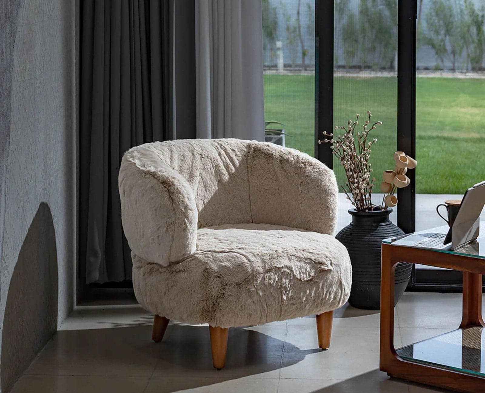 Cherry Creations Lounge Chair – Modern Upholstered Dining Chair for Home & Café - (Beige) by Furniselan