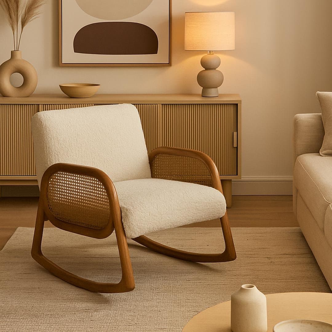 Perch Sheesham Wood Rattan Armchair | Natural Cane & Upholstered Lounge Chair – Wooden Slice by Wooden Slice