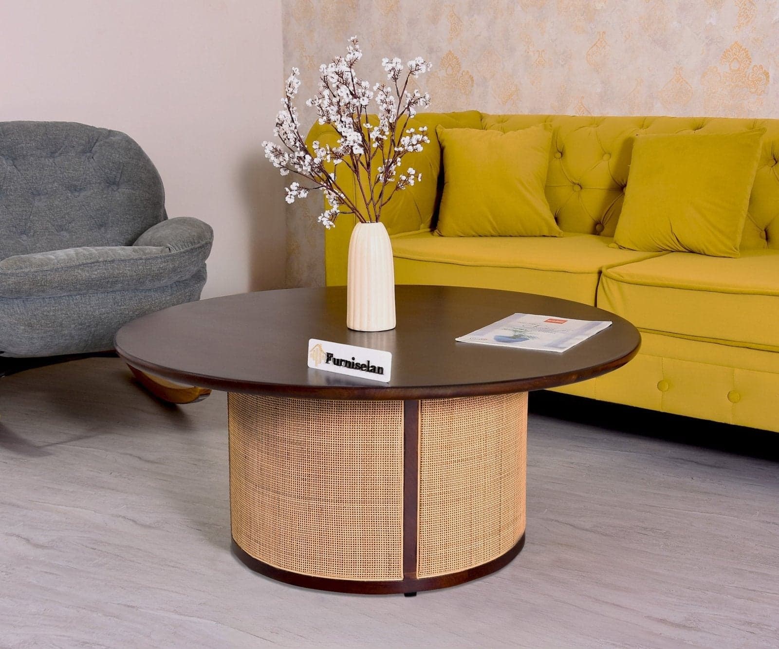 Luton Rattan Cane Wooden Round Coffee Table - (Grey Finish) by Furniselan