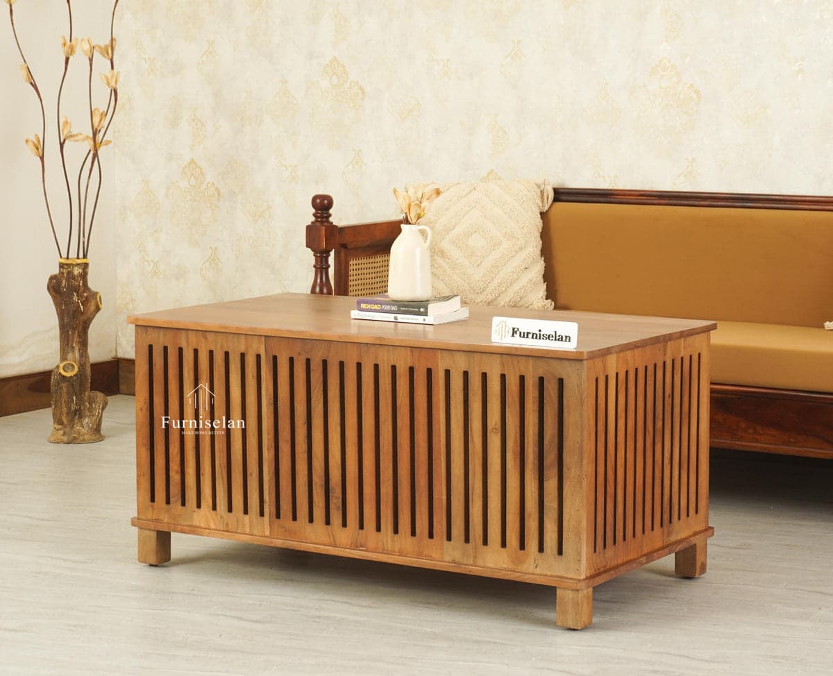 Deccan Slatted Trunk Box Storage Coffee Table - (Teak Finish) by Furniselan