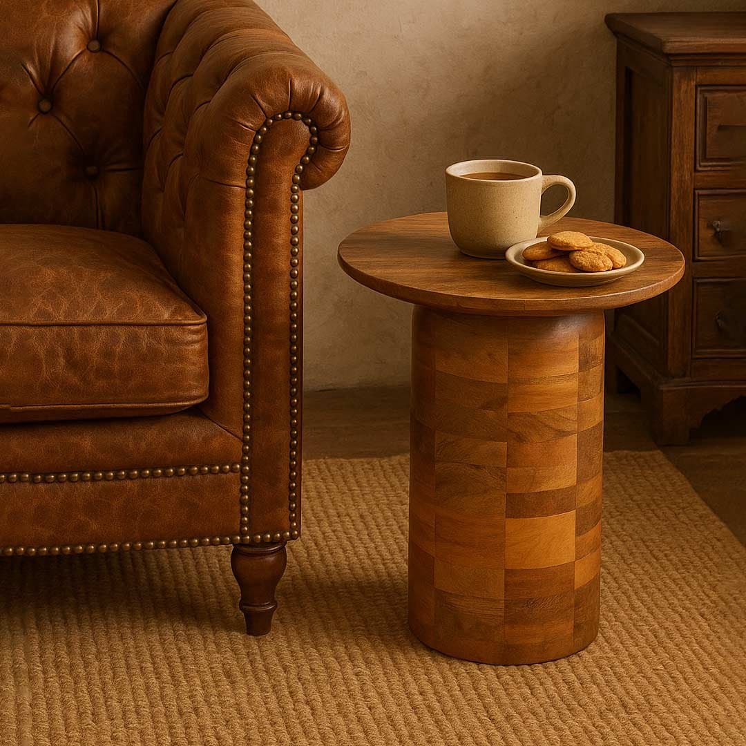 Orno Solid Sheesham Wood Side Table – Round Top Wooden Pedestal End Table with Cylinder Base for Living Room & Bedroom by Wooden Slice