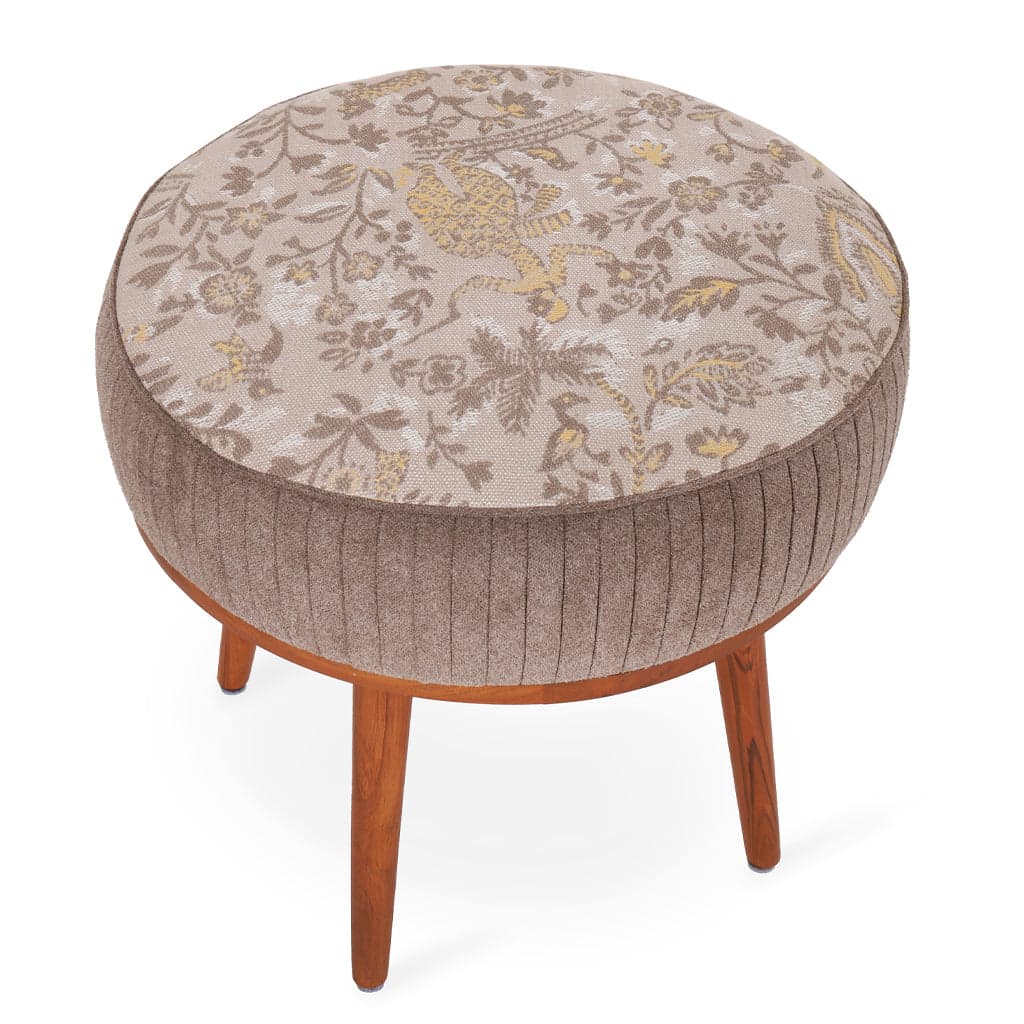 Zoya - Teakwood Round Ottoman with Dust Palette Fabric by Alankaram