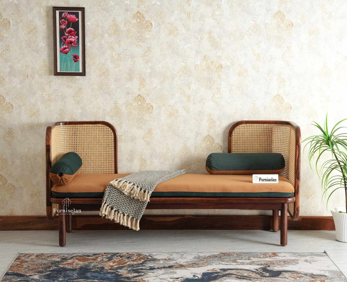 Aurum Sheesham Wood Cane Daybed Three Seater Sofa for Living Room with Cushion Seating - (Brown Finish) by Furniselan