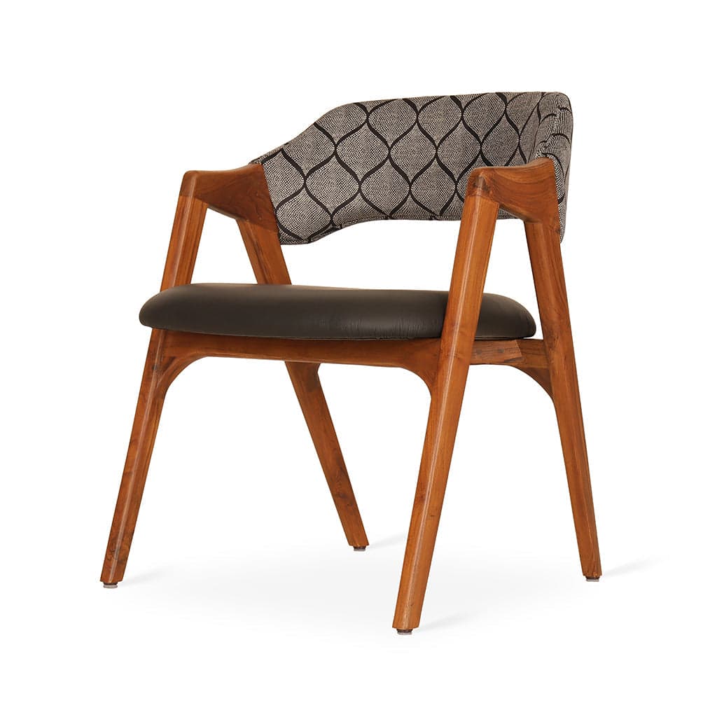 Ikkita - Teak Dining Chair, Grey Printed Fabric & Black Leather by Alankaram