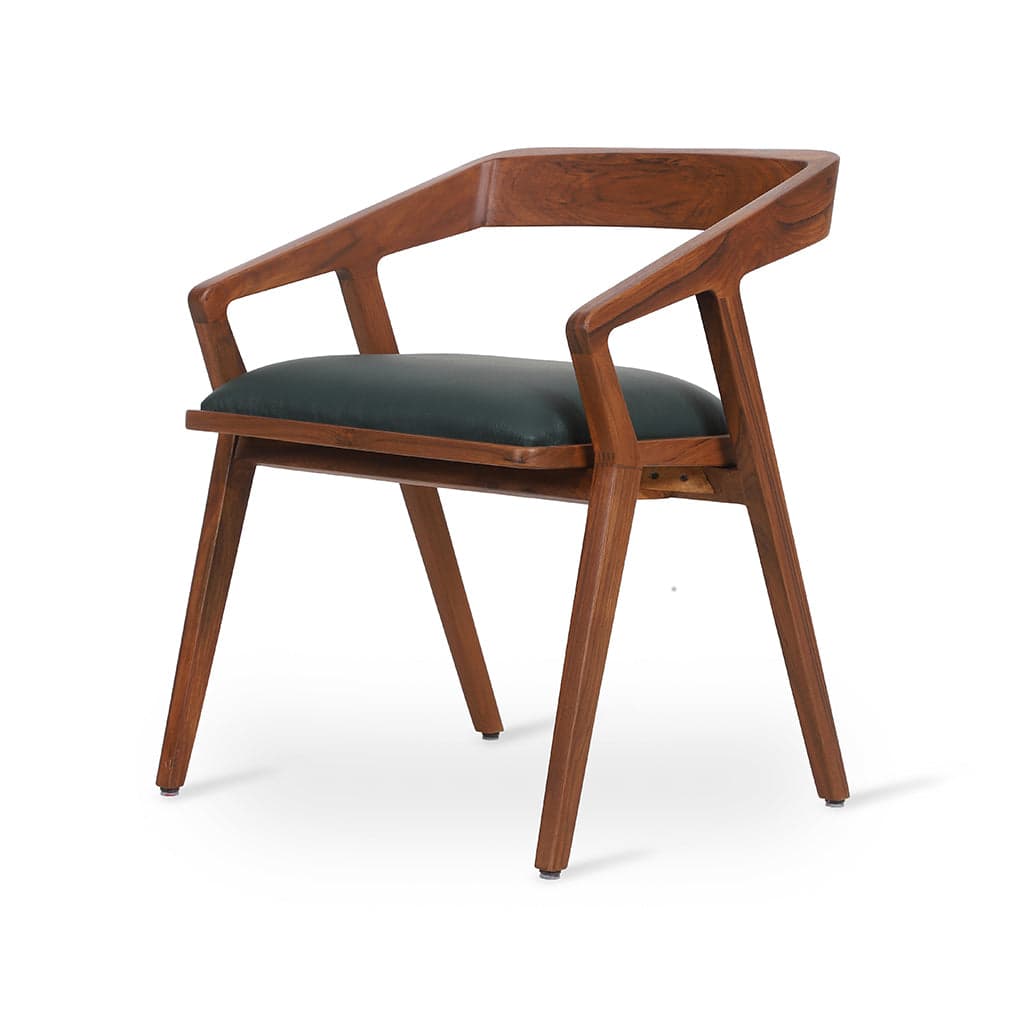 Casilla - Teak Dining Chair Wooden Back, Dark Green Leather by Alankaram