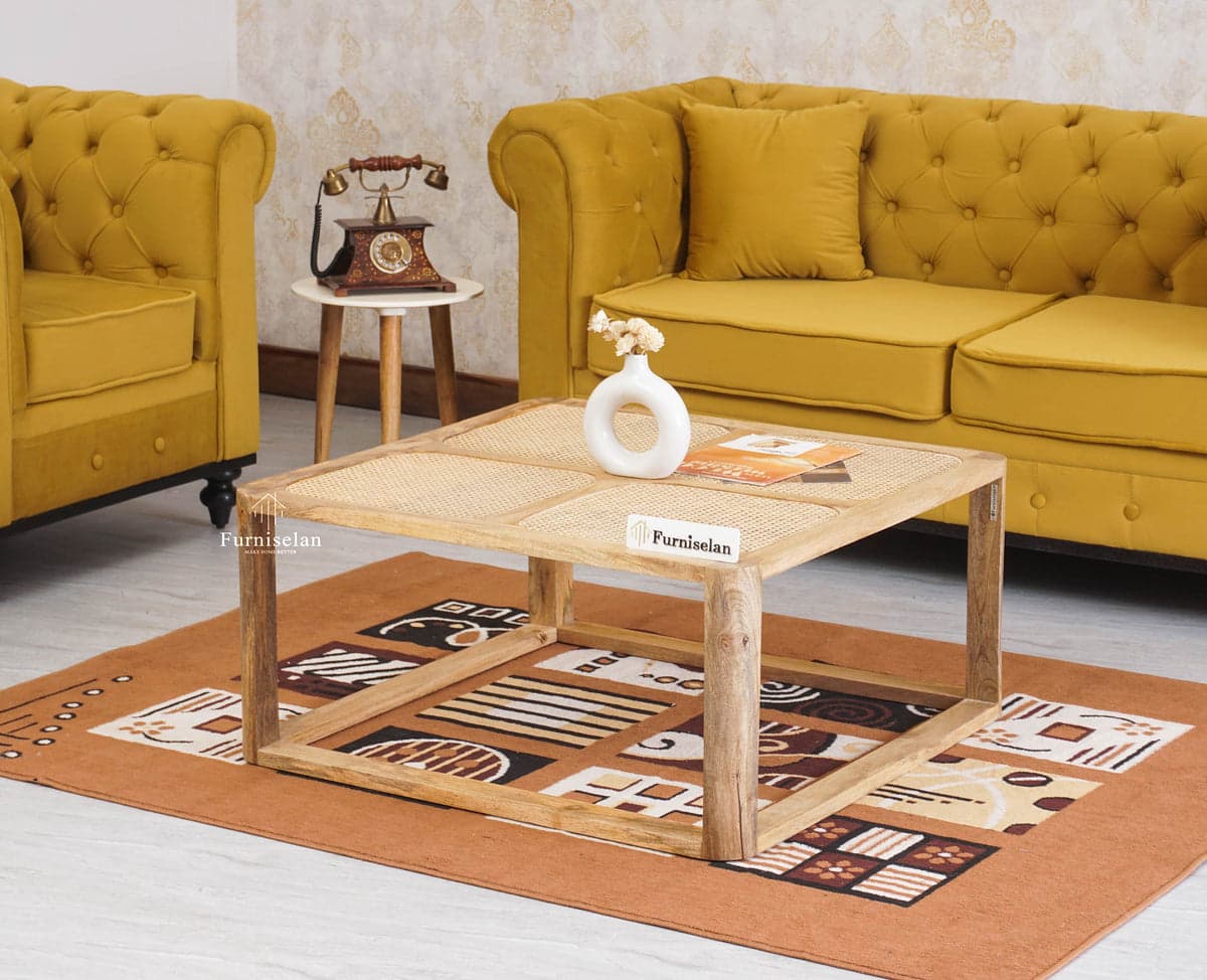 Boston Solid Wood Rattan Square Coffee Table - (Natural Finish) by Furniselan