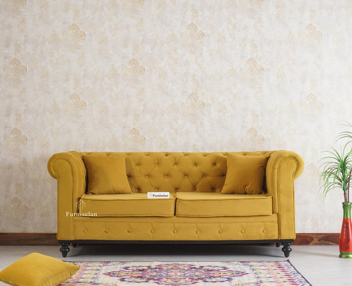 Amberline Three Seater Sofa Upholstery Mustard Fabric - (Mustard) by Furniselan