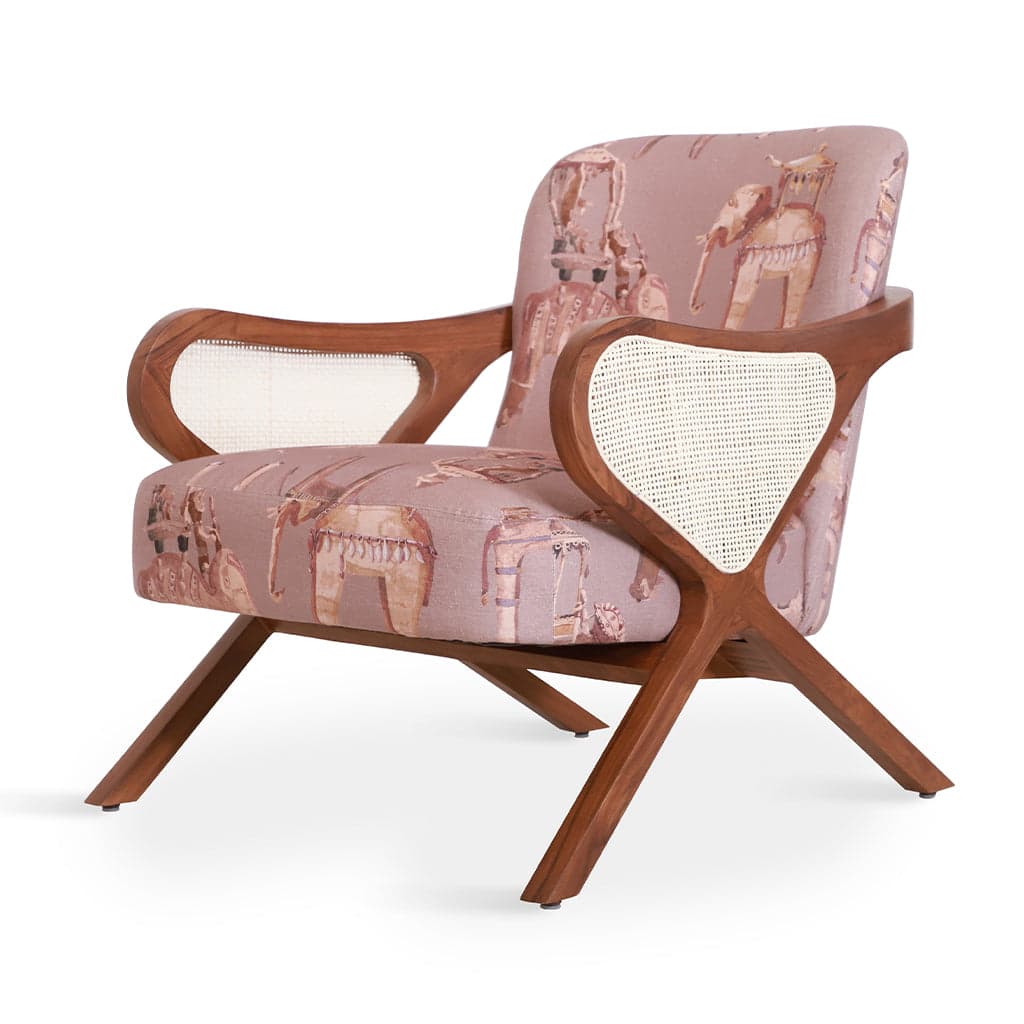 Patahi -Teak Lounge Chair, rattan Armrest, Pink Printed Fabric by Alankaram