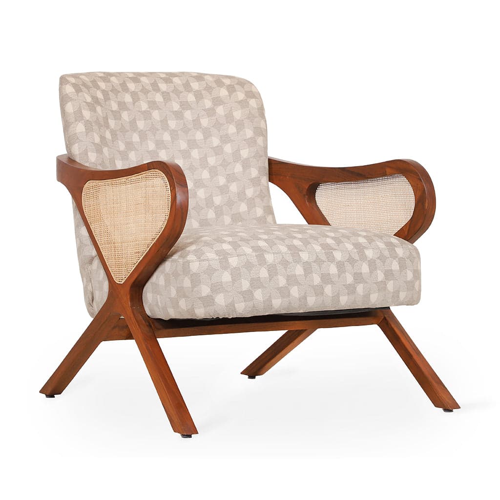 Patahi - Teak Lounge Chair, rattan Armrest, Cream Printed Fabric 2 by Alankaram