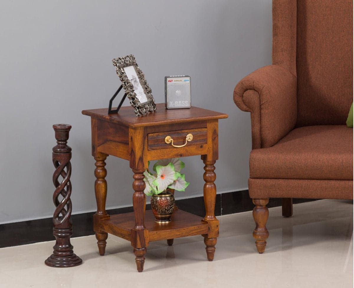 Calgary Solid Wood One Drawer Side Table - (Kapasi Brown Finish) by Furniselan
