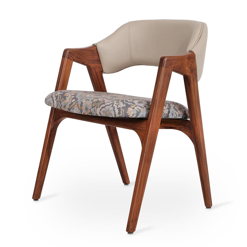 Ikkita - Teak Dining Chair with Cream Leatherette, Printed Fabric by Alankaram
