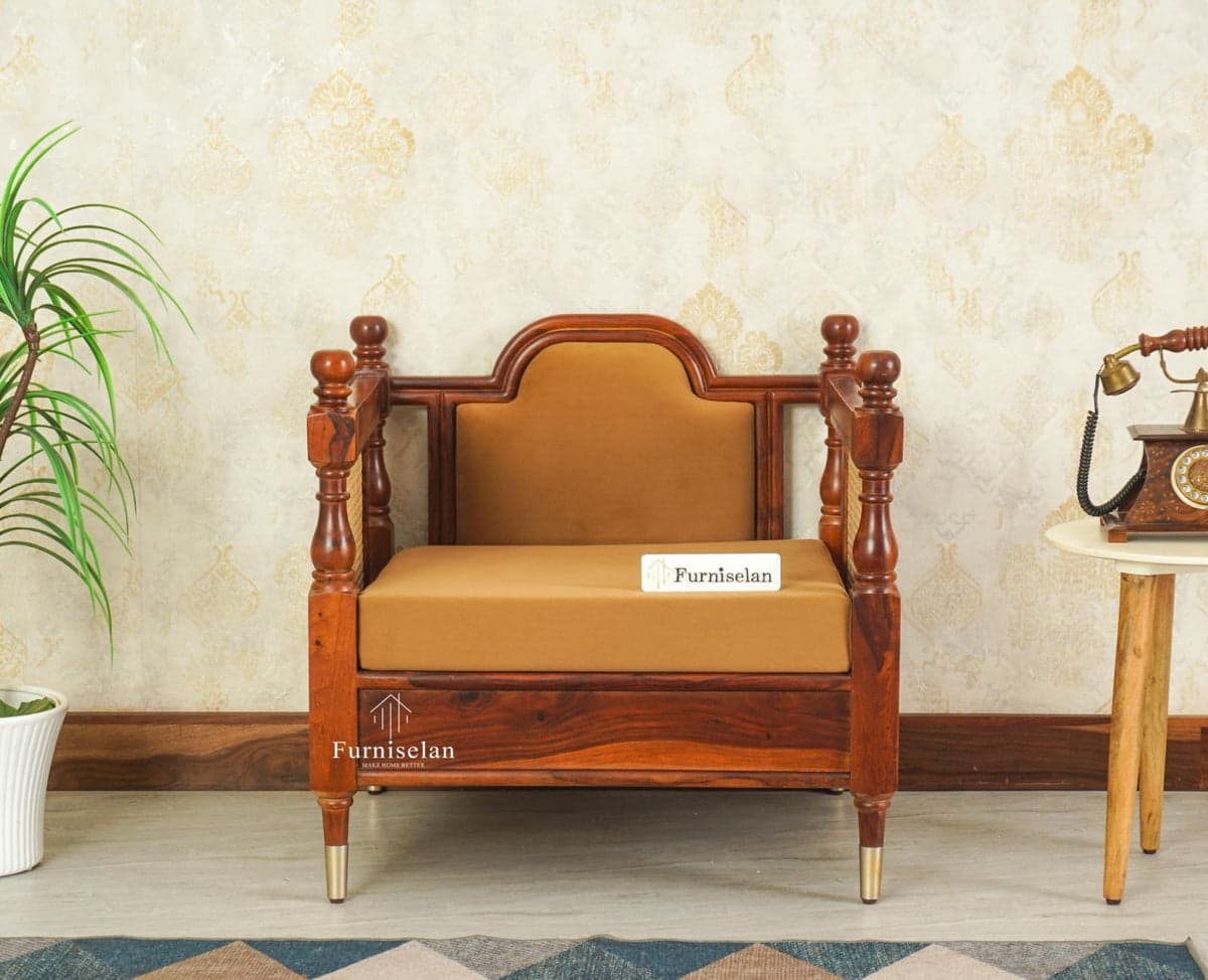 Boston Sheesham Wood Rattan Cane One Seater Sofa - (Brown Finish) by Furniselan