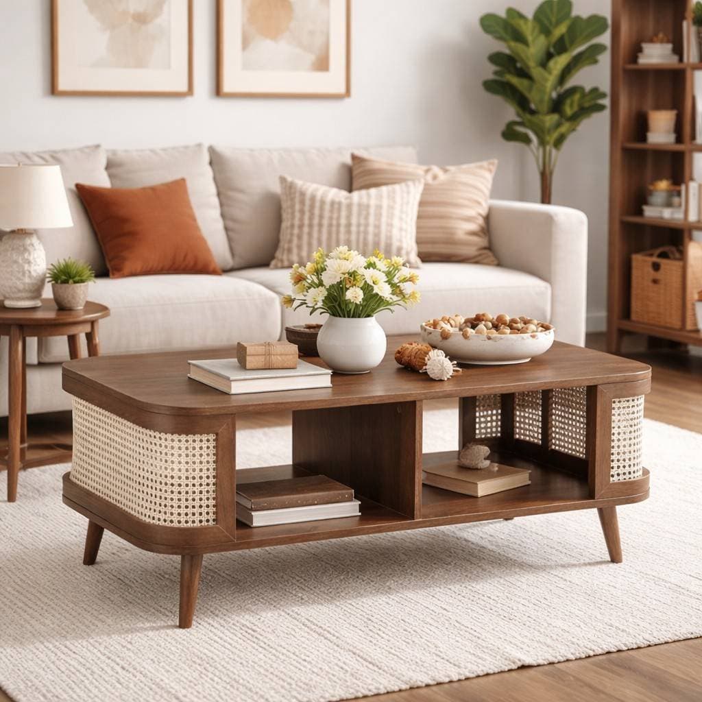 Aurex Rattan & Cane Coffee Table in Sheesham Wood(Walnut Brown)- Wooden Slice by Wooden Slice