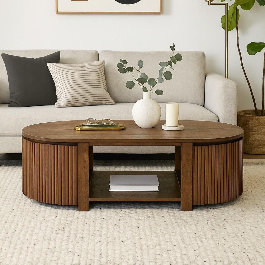 Charmora Solid Sheesham Wood Coffee Table for Living Room with Storage – Oval Design by Wooden Slice
