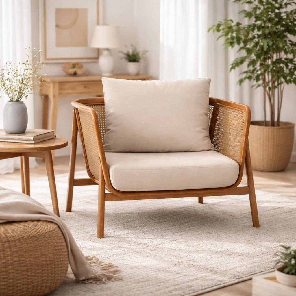 Noirra Rattan Armchair in Solid Teak Wood with Cane Sides & Upholstered Cushion by Wooden Slice