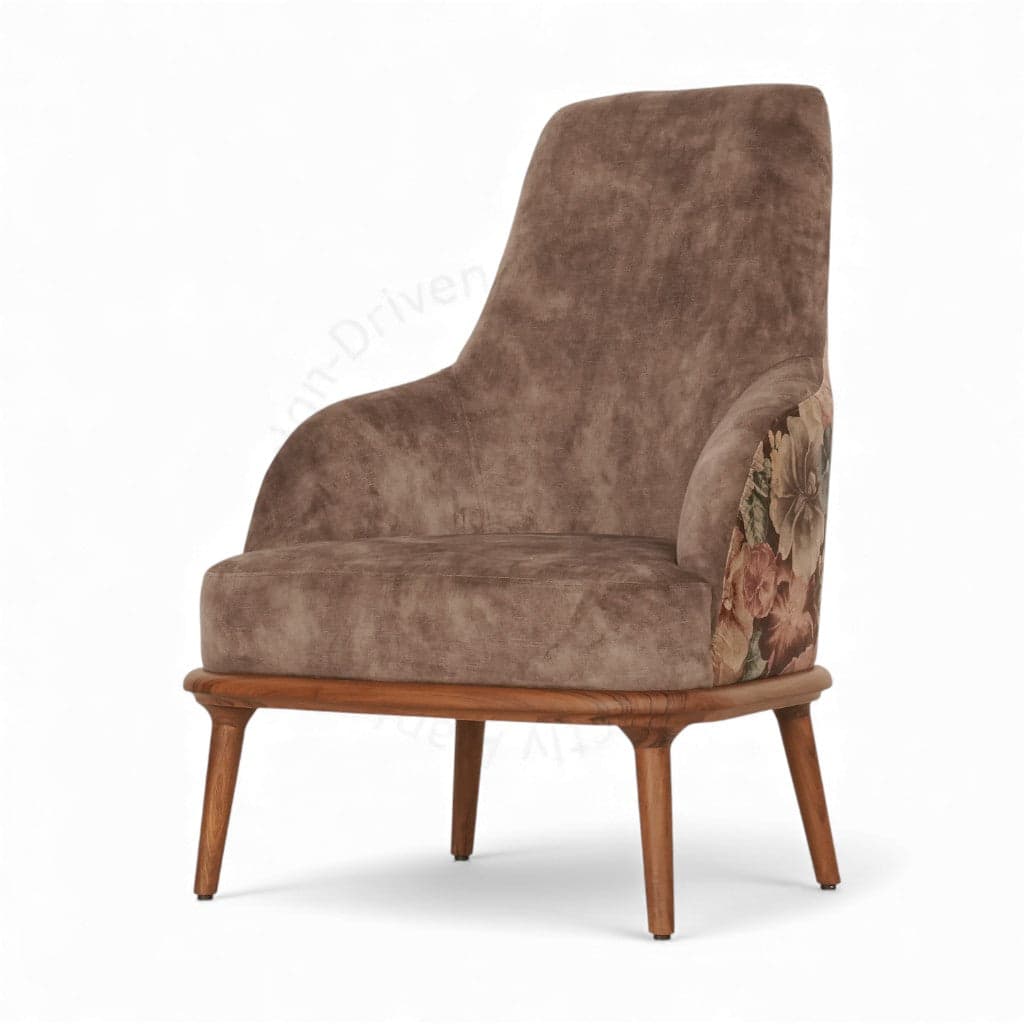 Iyi - Teak Lounge Chair, Brown Fabric by Alankaram