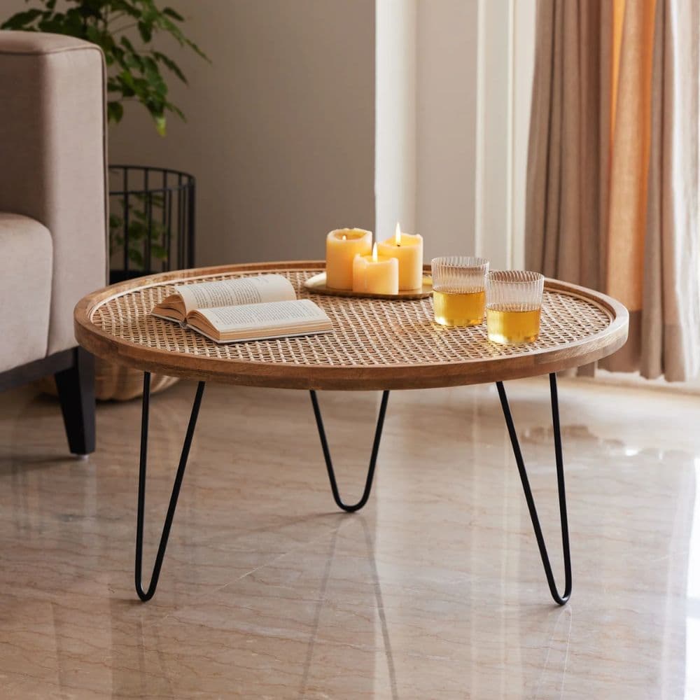 Chandigarh Round Coffee Table | Solid Wood & Natural Cane Center Table by Furnhands