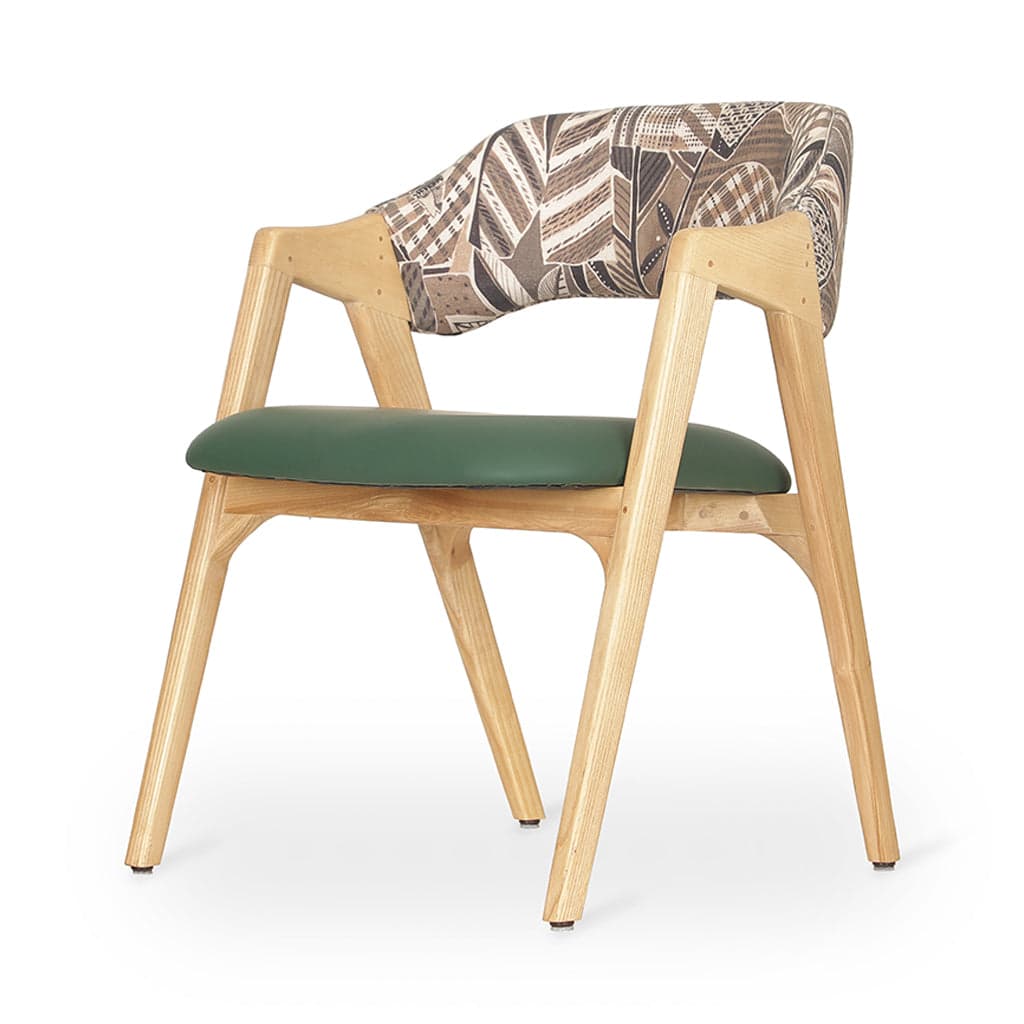 Ikkita -Ash/Oak/Beech Dining Chair, Green Leatherette, Printed Fabric by Alankaram