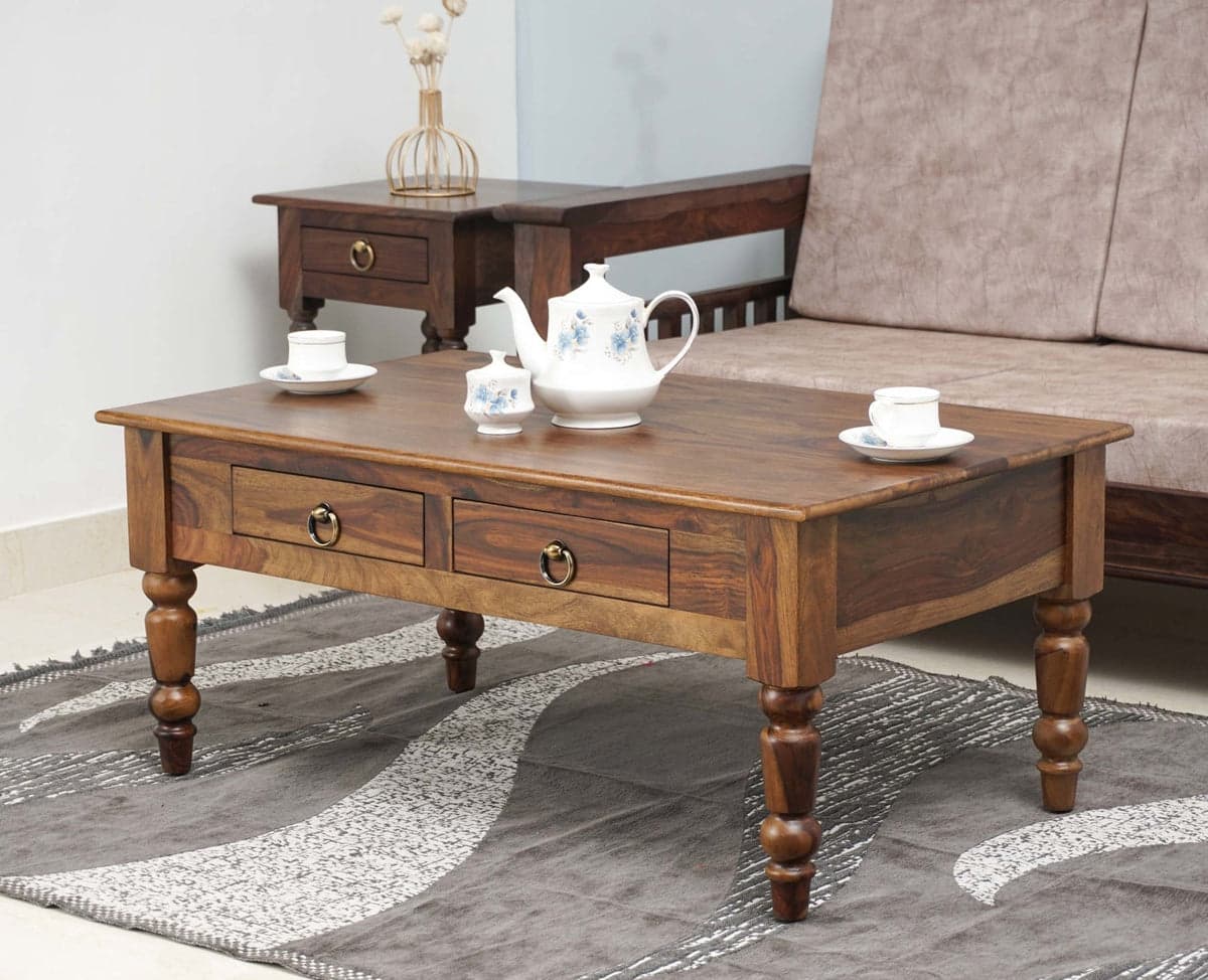 Belgium Sheesham Wood Two Drawer Coffee Table - (Teak Finish) by Furniselan
