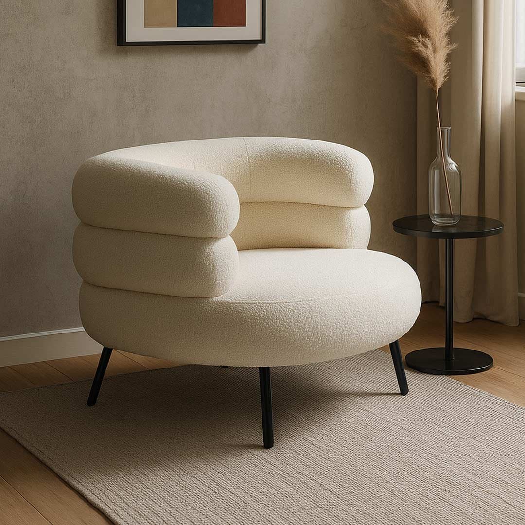 Restique Modern Cream Bouclé Lounge Chair with Black Metal Legs – Contemporary Accent Seating by Wooden Slice