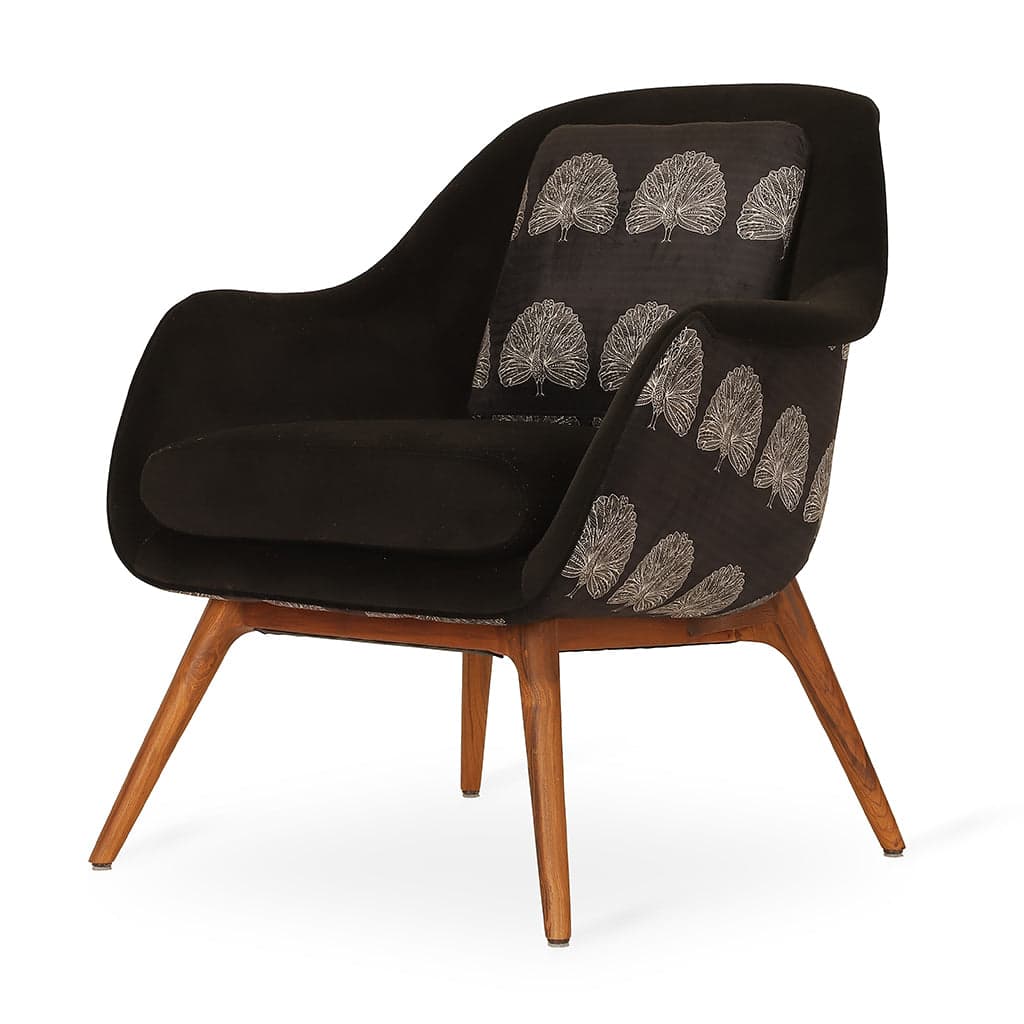 Nefis - Teak Lounge Chair, Black Printed Fabric by Alankaram