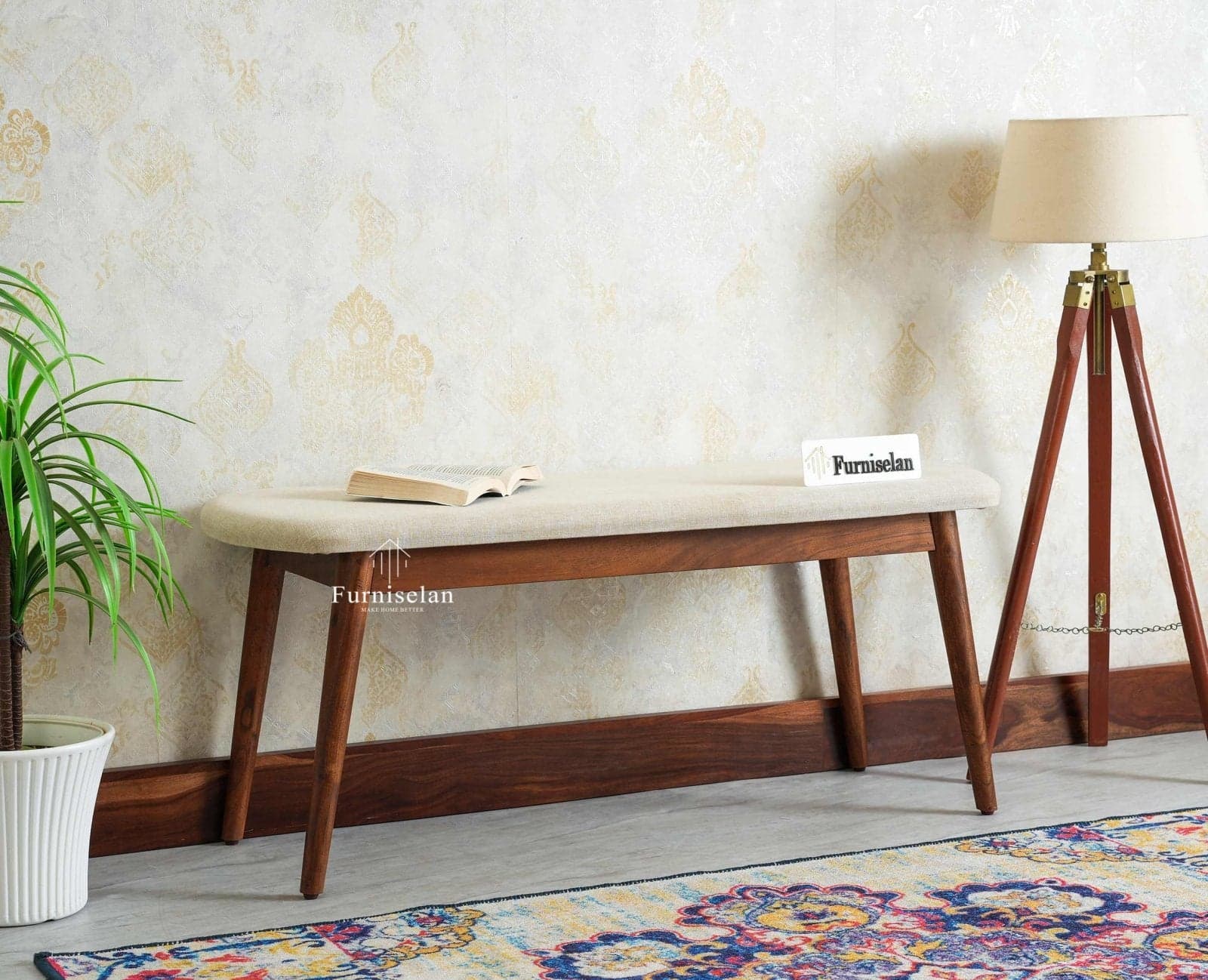 Antilia Wooden Three Seater Dining Bench Cushion Seat - (Teak Finish) by Furniselan