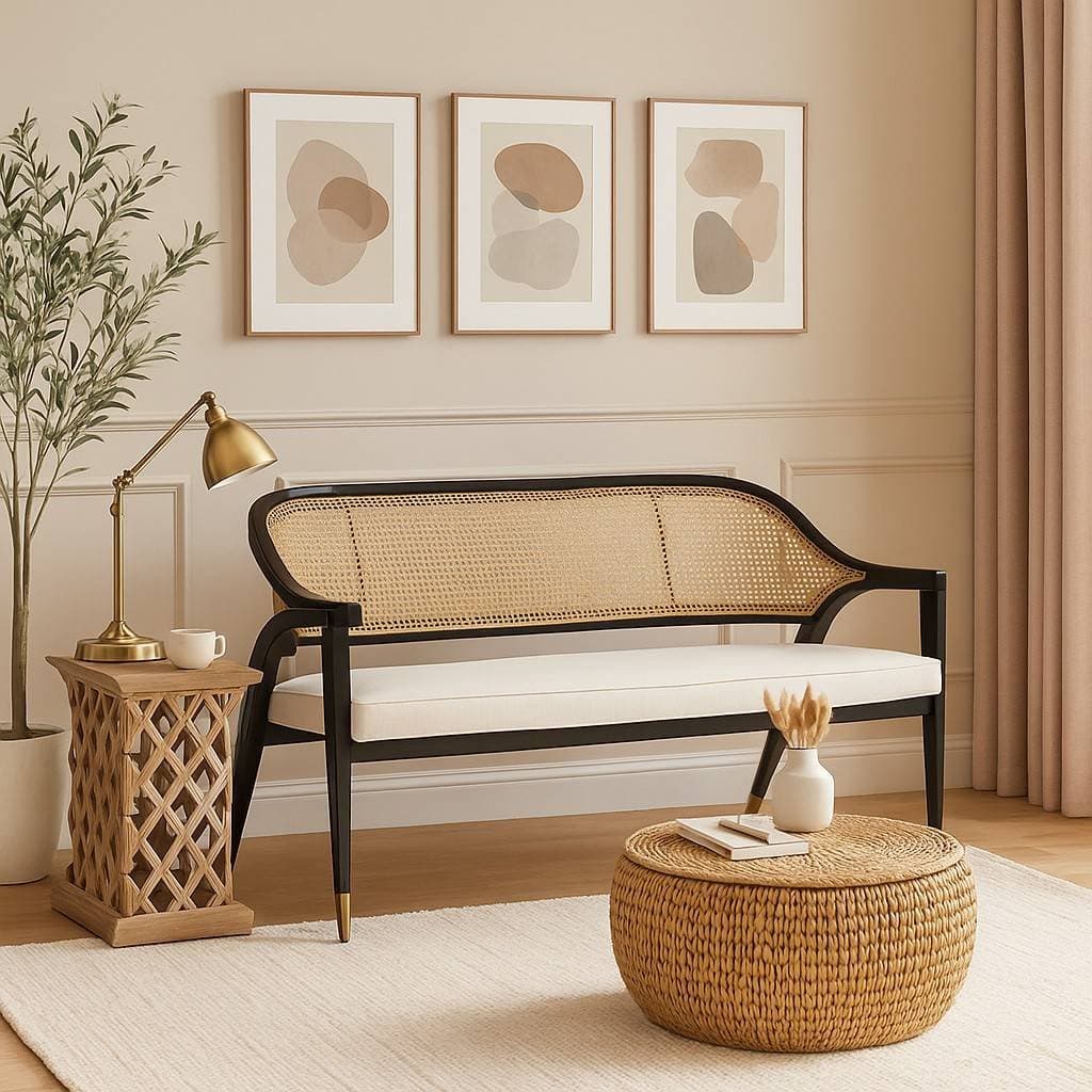Benchly Wooden Bench with Rattan Weaving – Wooden Slice by Wooden Slice