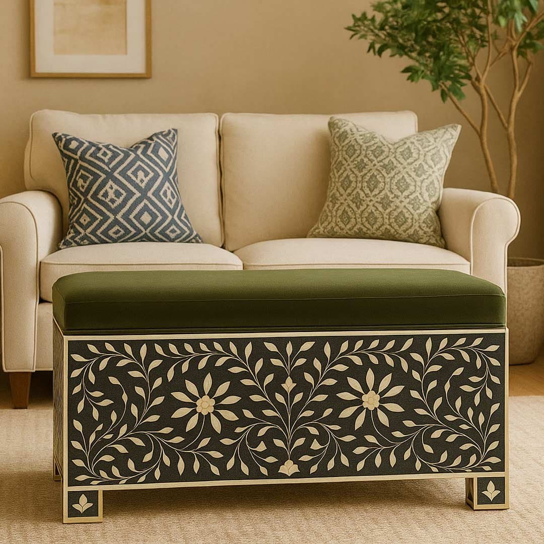 Forest Bloom Handcrafted Bone Inlay Trunk in Floral Design with Upholstery by Wooden Slice