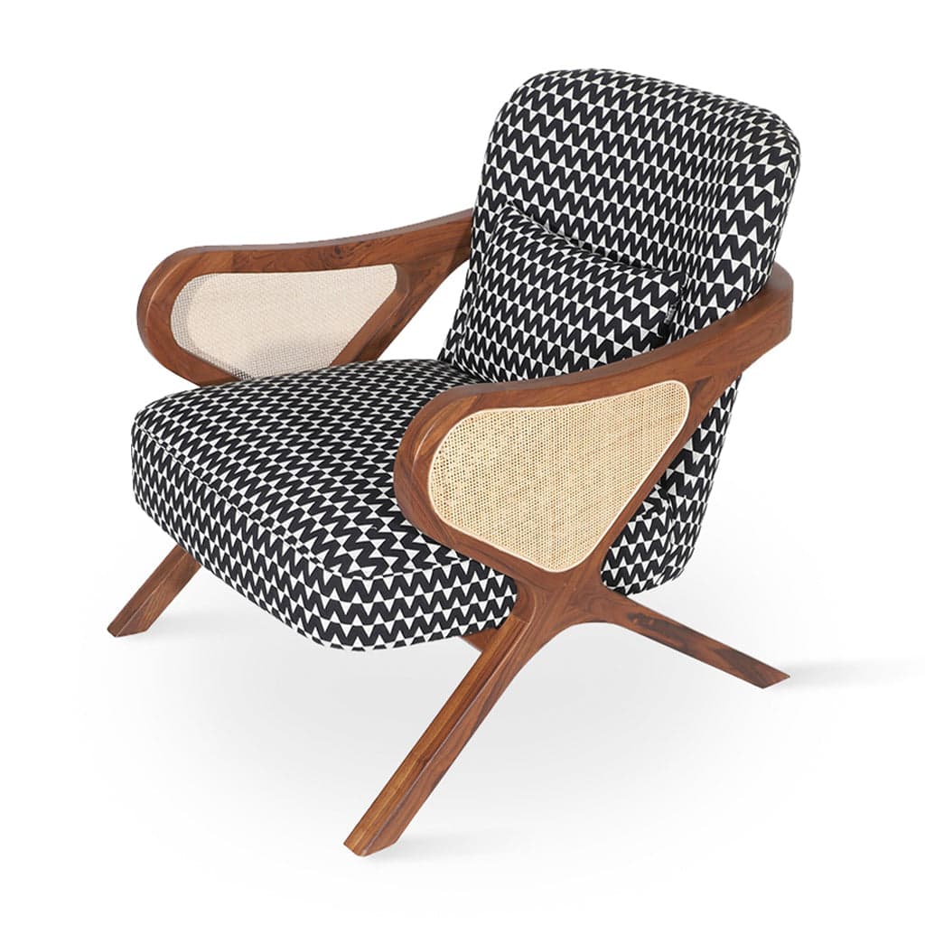 Patahi - Teak Lounge Chair, rattan Armrest, Black printed Fabric by Alankaram