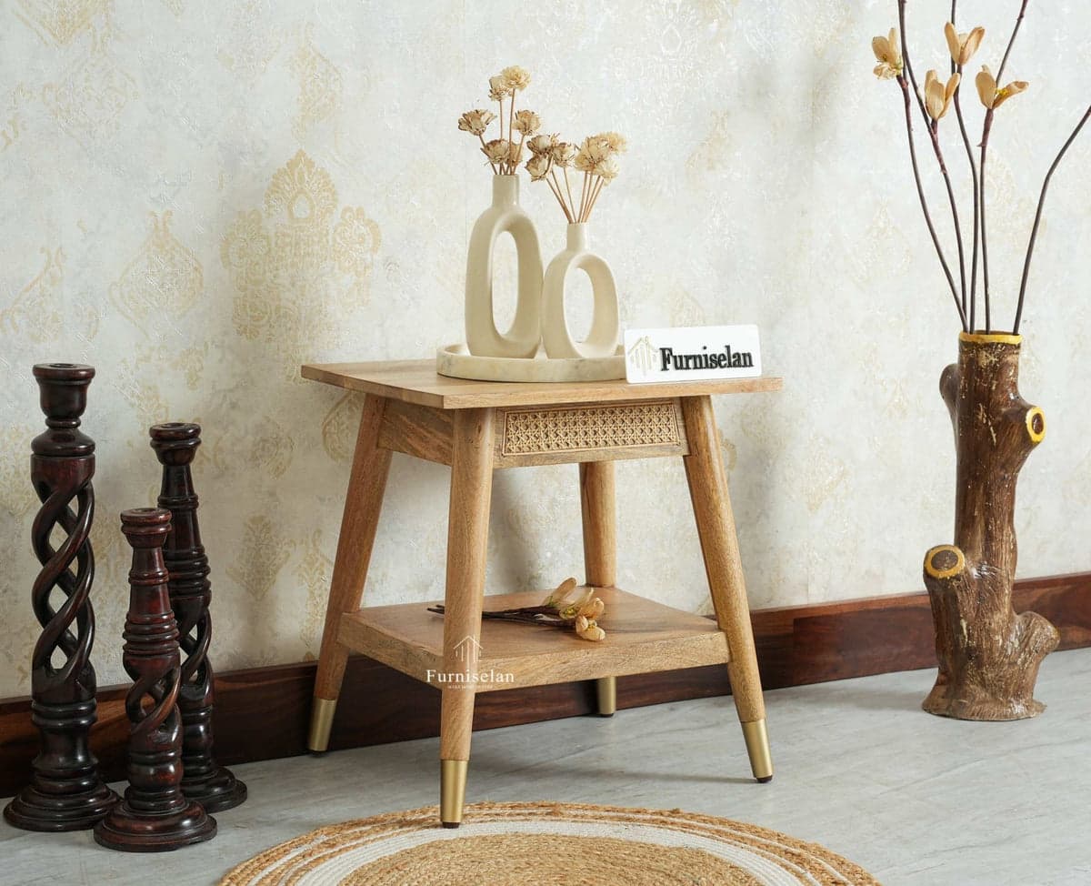 Boston Solid Wood Rattan Cane End Table - (Natural Finish) by Furniselan