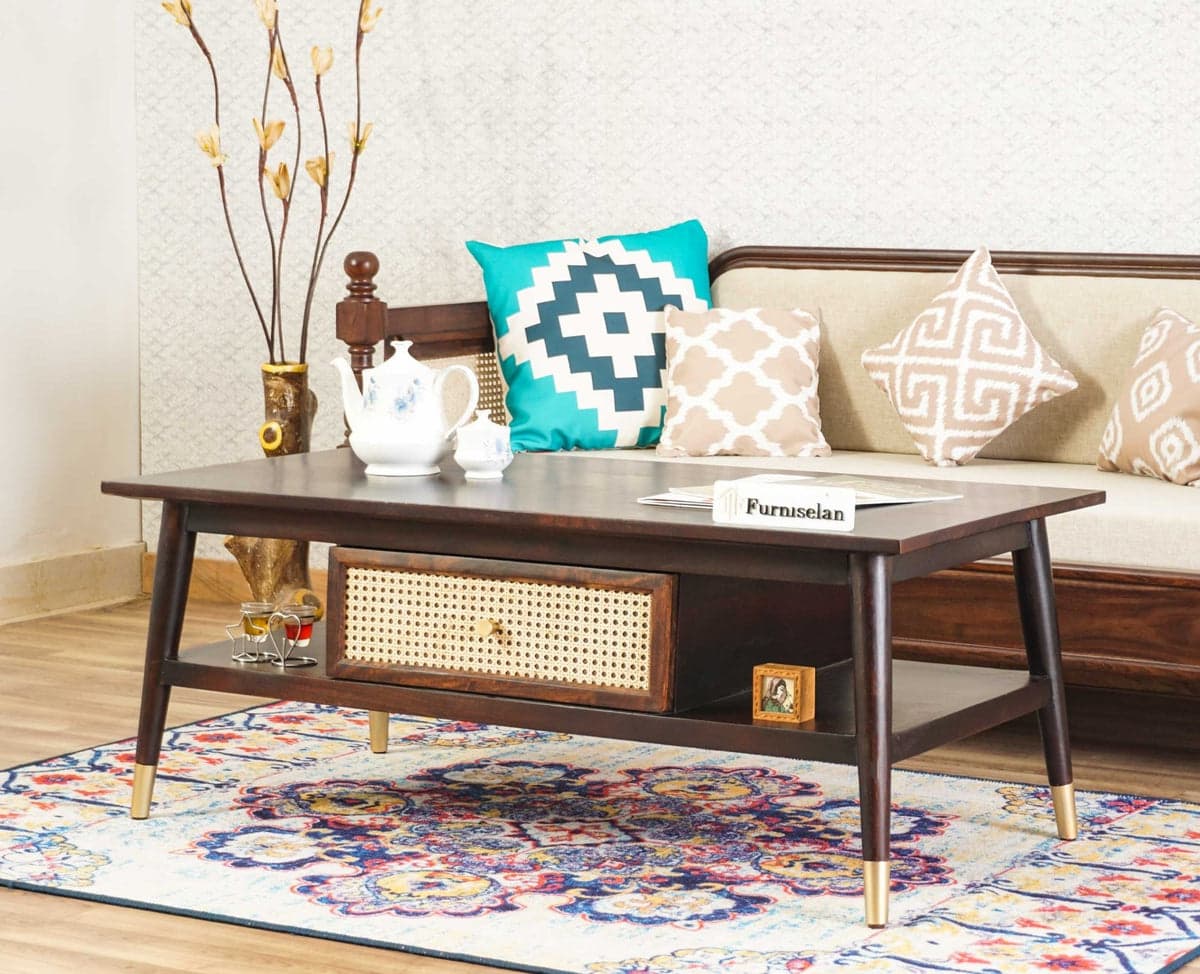 Boston Solid Wood Rattan Cane One Drawer Coffee Table - (Grey Finish) by Furniselan