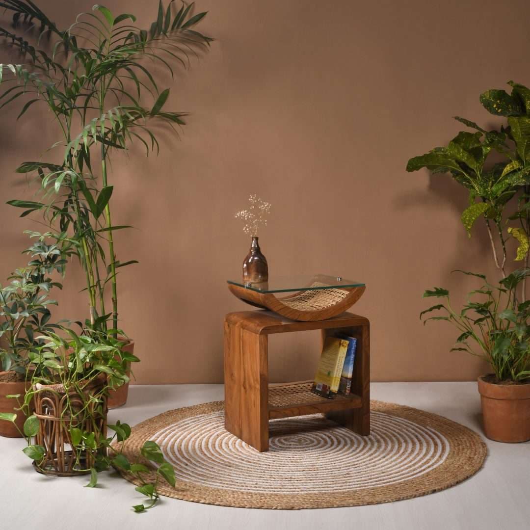 Arch Cane Teak Wood Side Table by Opaque studio