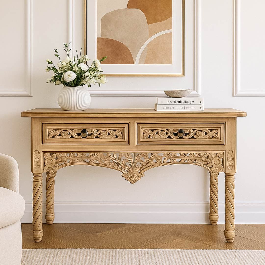 Svarna Sheesham Wood Hand-Carved Console Table – Rustic Entryway Accent Desk- wooden slice by Wooden Slice