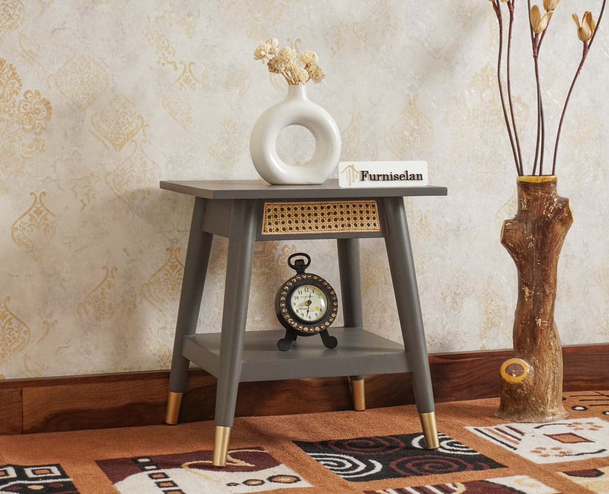 Boston Solid Wood Rattan Cane End Table - (Slate Grey) by Furniselan
