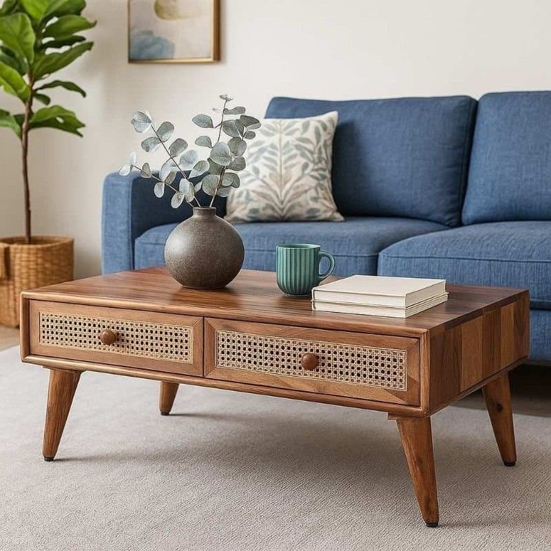 Cofta Handcrafted Sheesham Wood & Cane Coffee Table | Modern Storage Center Table- Wooden Slice by Wooden Slice