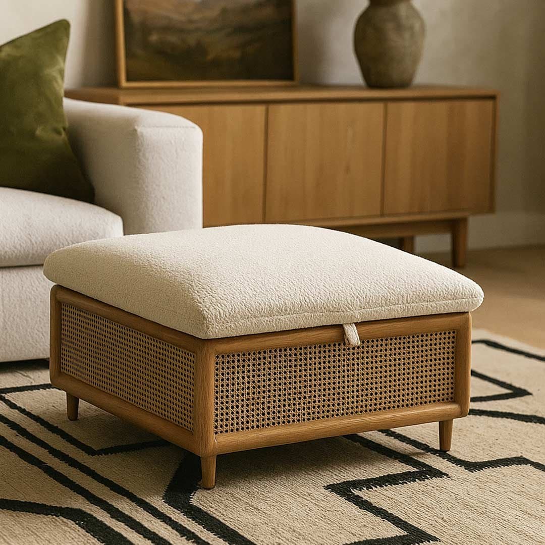 Mora Mango Wood Rattan Storage Ottoman with Lid – Square Lift-Top Accent Bench by Wooden Slice
