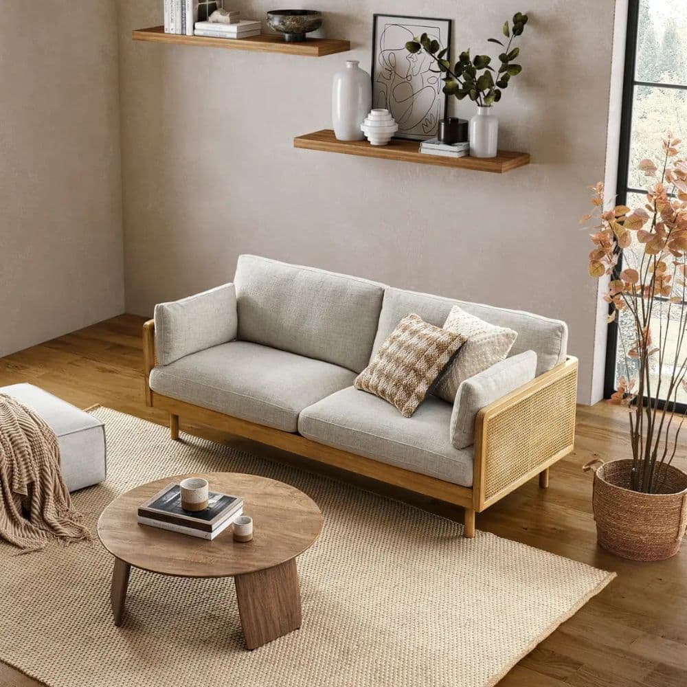 Bangalore 3 Seater Sofa – Vintage Velvet Upholstery with Cane & Solid Wood Elegance by Furnhands